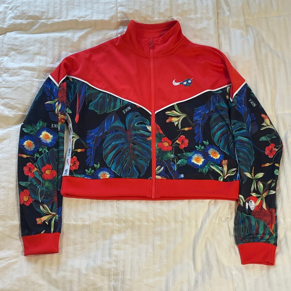 Nike Sportswear Tropical Floral Cropped Track Jacket Red Black AR3074-677 Medium